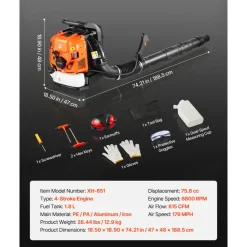 VEVOR Backpack Leaf Blower, 75.6CC 4-Stroke Engine Gas Powered Leaf Blower with 1.8L Fuel Tank, 615 CFM Air Volume, 179 MPH Air Speed, Ideal for Lawn Care, Leaves Cleaning, Yard Debris & Snow Removal