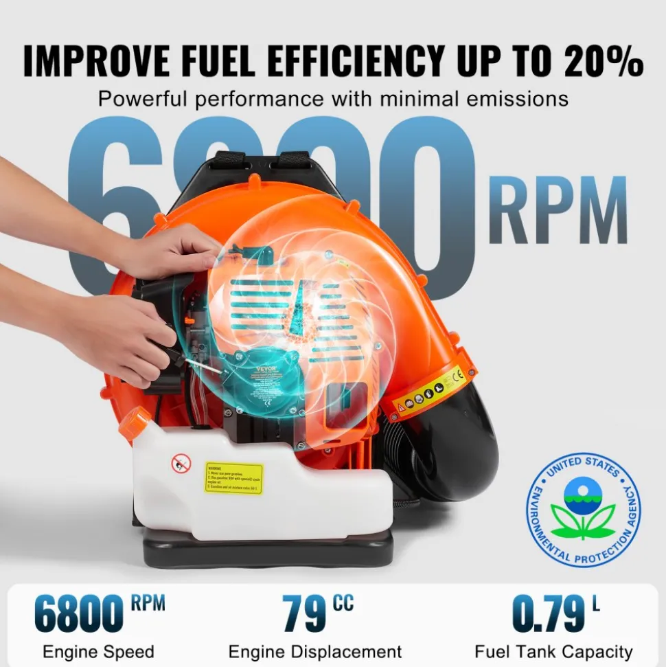 VEVOR Backpack Leaf Blower, 79CC 2-Cycle Gas Leaf Blower with 3L Fuel Tank, 930CFM Air Volume 184MPH Speed, Ideal for Lawn Care, Leaf Cleaning, and Snow Removal
