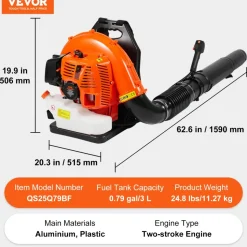 VEVOR Backpack Leaf Blower, 79CC 2-Cycle Gas Leaf Blower with 3L Fuel Tank, 930CFM Air Volume 184MPH Speed, Ideal for Lawn Care, Leaf Cleaning, and Snow Removal