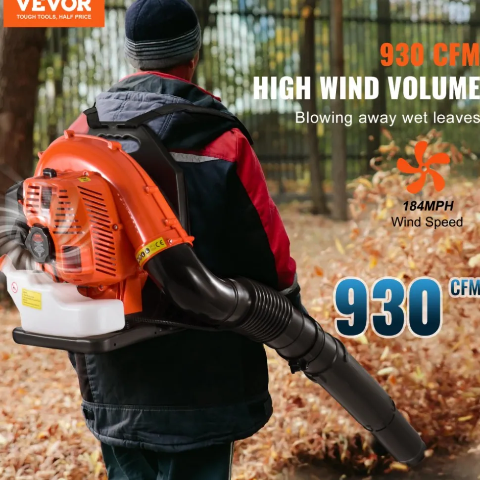 VEVOR Backpack Leaf Blower, 79CC 2-Cycle Gas Leaf Blower with 3L Fuel Tank, 930CFM Air Volume 184MPH Speed, Ideal for Lawn Care, Leaf Cleaning, and Snow Removal