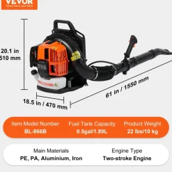 VEVOR Backpack Leaf Blower, 63CC 2-Cycle Gas Leaf Blower with 1.89L Fuel Tank, 1110CFM Air Volume 220MPH Speed, Ideal for Lawn Care, Leaf Cleaning, and Snow Removal