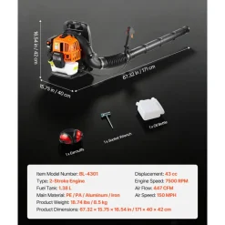 VEVOR Backpack Leaf Blower, 43CC 2-Stroke Engine Gas Powered Leaf Blower with 1.38L Fuel Tank, 447 CFM Air Volume, 150 MPH Air Speed, Ideal for Lawn Care, Leaves Cleaning, Yard Debris & Snow Removal