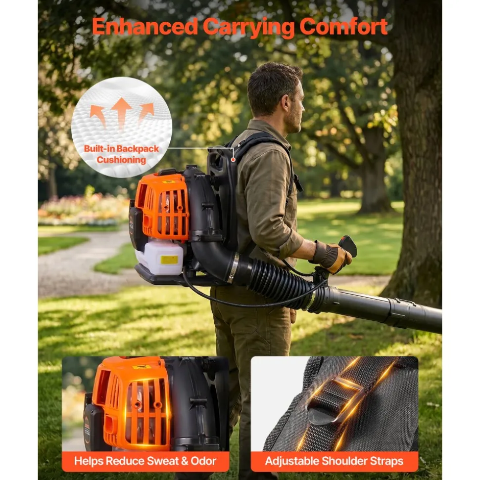 VEVOR Backpack Leaf Blower, 43CC 2-Stroke Engine Gas Powered Leaf Blower with 1.38L Fuel Tank, 447 CFM Air Volume, 150 MPH Air Speed, Ideal for Lawn Care, Leaves Cleaning, Yard Debris & Snow Removal