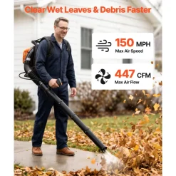 VEVOR Backpack Leaf Blower, 43CC 2-Stroke Engine Gas Powered Leaf Blower with 1.38L Fuel Tank, 447 CFM Air Volume, 150 MPH Air Speed, Ideal for Lawn Care, Leaves Cleaning, Yard Debris & Snow Removal