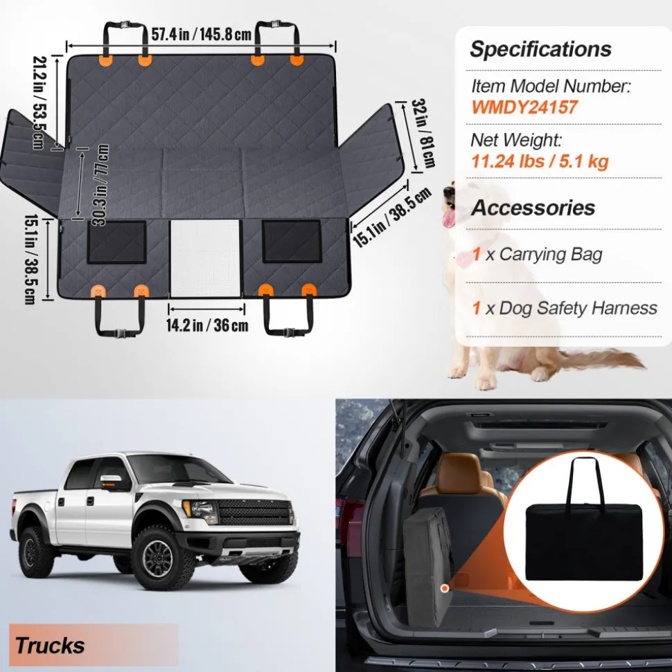VEVOR Back Seat Extender, Dog Car Seat Cover for Back Seat Bed with Mesh Window and Storage Pocket, Supports 400lbs Dog Hammock for Car Dog Car Bed 57.4"x30.3" for Truck