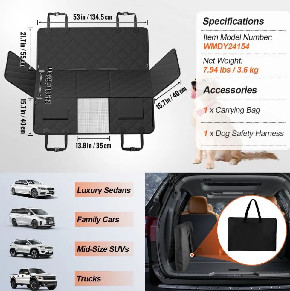 VEVOR Back Seat Extender for Dogs,Dog Hammock for Car Back seat, Dog Car Seat Cover with Hard Bottom Dog Car Seat Bed 53"x24.8" ,Supports 350lb with Mesh Window and Storage Pocket for Car, SUV,Truck