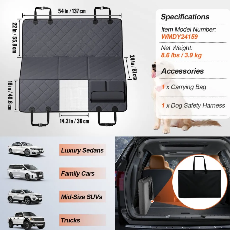 VEVOR Back Seat Extender for Dogs,Dog Hammock for Car Back seat,Waterproof Hard Bottom Dog Car Seat Cover for Back Seat 54"x24",Supports 400lbs with Mesh Window and Storage Pocket for Car, SUV