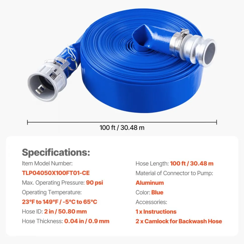 VEVOR Backwash Hose, 2 in x 100 ft, Blue High Quality PVC Hose, with Clamps, Camlock, Aluminum Fittings, Fit Various Pumps, for Sewage Treatment, Water Transportation and More Agricultural Purposes