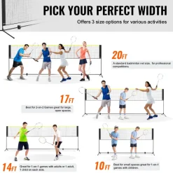 VEVOR Badminton Net, Height Adjustable Volleyball Net, 20ft Wide Foldable Pickleball Net, Portable Tennis Net Set with Poles, Stand, Bag, Rackets, Nylon Shuttlecocks, Kid Backyard Indoor Outdoor Use