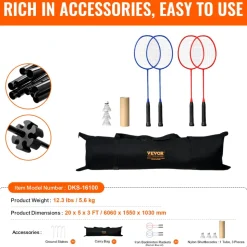 VEVOR Badminton Net, Height Adjustable Volleyball Net, 20ft Wide Foldable Pickleball Net, Portable Tennis Net Set with Poles, Stand, Bag, Rackets, Nylon Shuttlecocks, Kid Backyard Indoor Outdoor Use