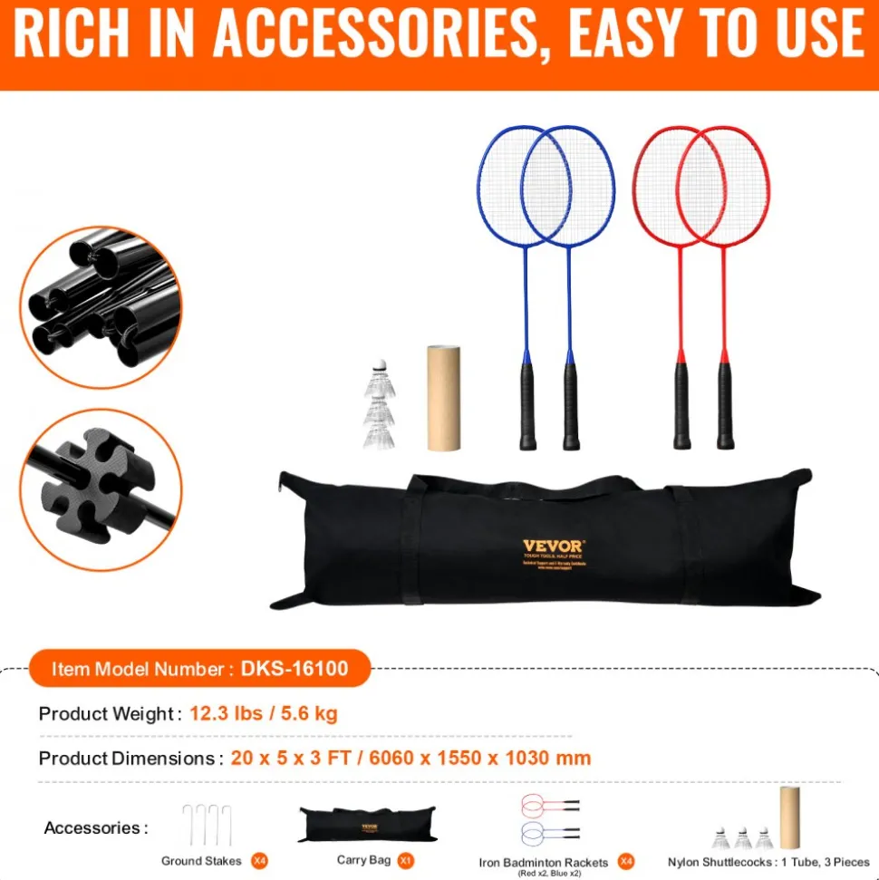 VEVOR Badminton Net, Height Adjustable Volleyball Net, 20ft Wide Foldable Pickleball Net, Portable Tennis Net Set with Poles, Stand, Bag, Rackets, Nylon Shuttlecocks, Kid Backyard Indoor Outdoor Use
