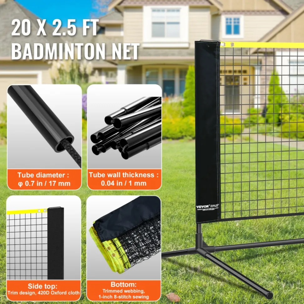 VEVOR Badminton Net, Height Adjustable Volleyball Net, 20ft Wide Foldable Pickleball Net, Portable Tennis Net Set with Poles, Stand, Bag, Rackets, Nylon Shuttlecocks, Kid Backyard Indoor Outdoor Use