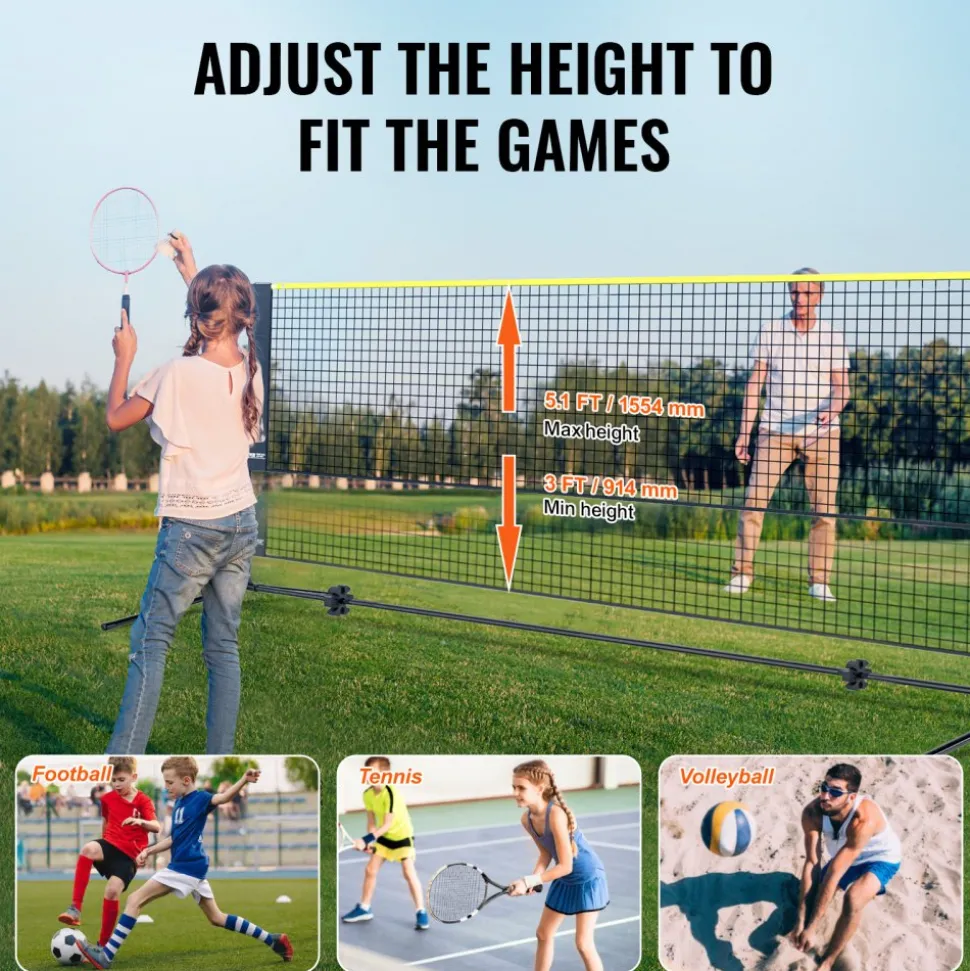 VEVOR Badminton Net, Height Adjustable Volleyball Net, 14ft Wide Foldable Pickleball Net, Portable Easy Setup Tennis Net Set with Poles, Stand and Carry Bag, for Kids Backyard Game Indoor Outdoor Use