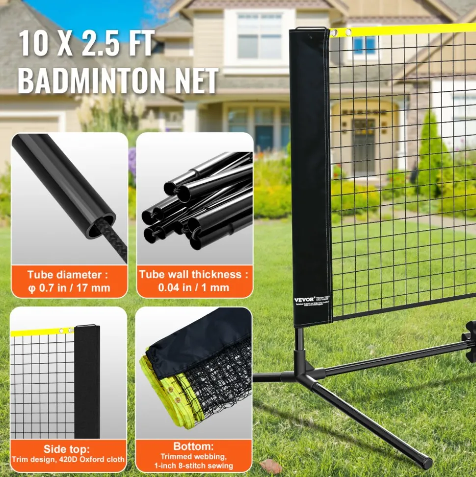 VEVOR Badminton Net, Height Adjustable Volleyball Net, 10ft Wide Foldable Pickleball Net, Portable Easy Setup Tennis Net Set with Poles, Stand and Carry Bag, for Kids Backyard Game Indoor Outdoor Use