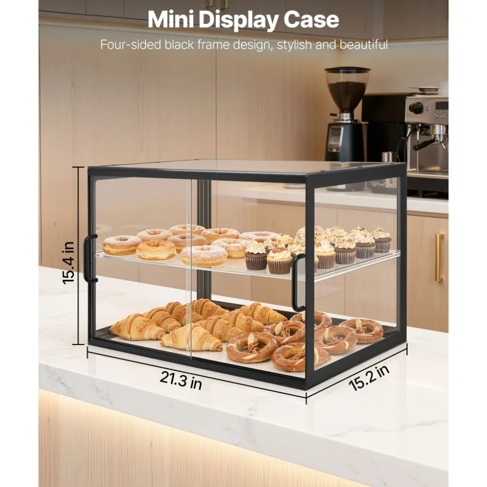 VEVOR Bakery Display Case, 2-Tier Commercial Countertop Pastry Display Case, Clear Acrylic Bread Box for Kitchen, Party Cake Cabinet with Sliding Door for Cookie Dessert Donut, 21.7" x 15.2" x 15.4"