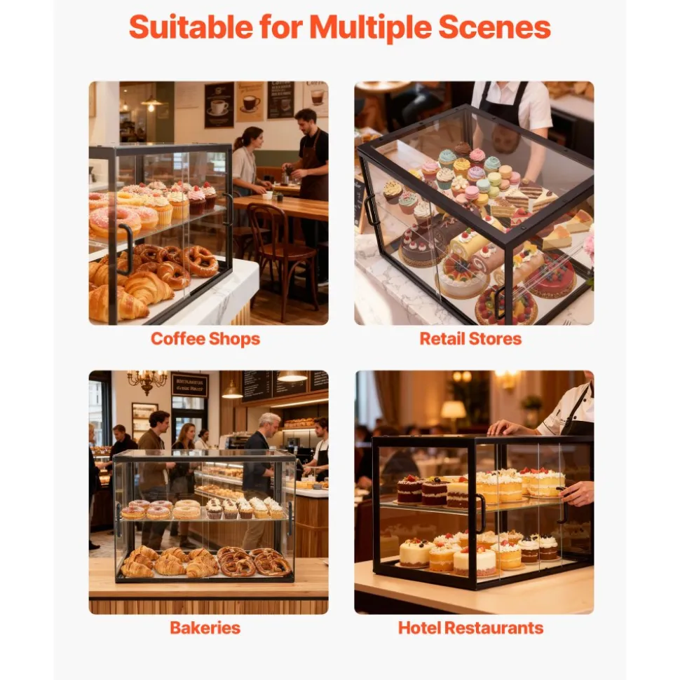 VEVOR Bakery Display Case, 2-Tier Commercial Countertop Pastry Display Case, Clear Acrylic Bread Box for Kitchen, Party Cake Cabinet with Sliding Door for Cookie Dessert Donut, 21.7" x 15.2" x 15.4"