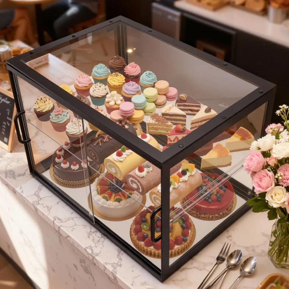 VEVOR Bakery Display Case, 2-Tier Commercial Countertop Pastry Display Case, Clear Acrylic Bread Box for Kitchen, Party Cake Cabinet with Sliding Door for Cookie Dessert Donut, 21.7" x 15.2" x 15.4"