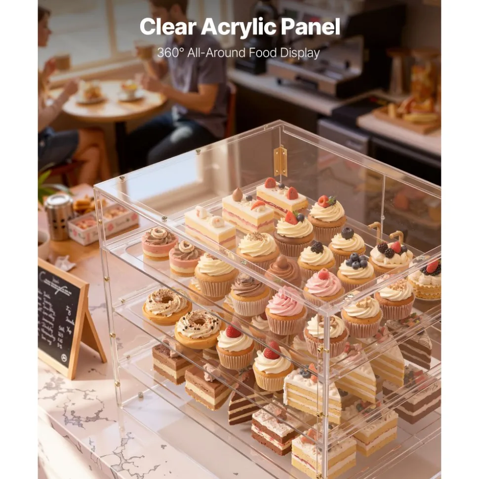 VEVOR Bakery Display Case, 2-Tier Commercial Countertop Pastry Display Case, Clear Acrylic Bread Box for Kitchen, Party Cake Cabinet with Magnetic Rear Door for Cookie Dessert Donut, 22" x 14" x 14"