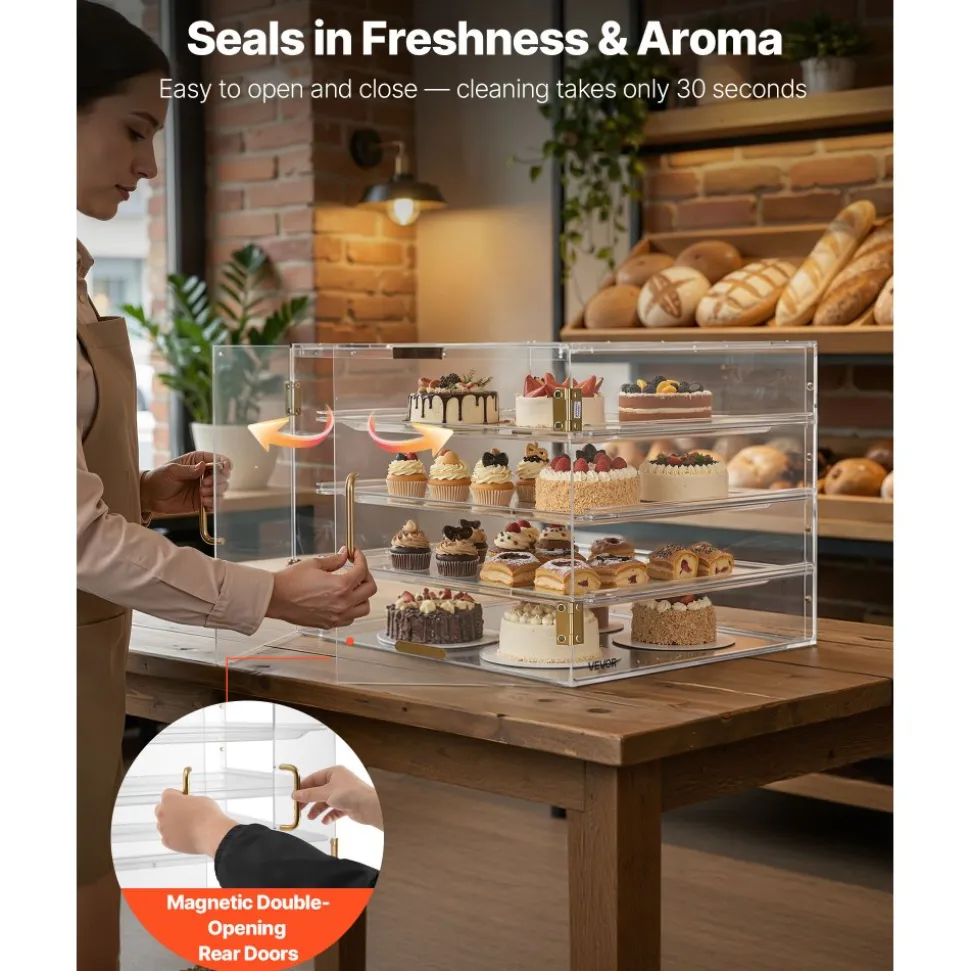 VEVOR Bakery Display Case, 2-Tier Commercial Countertop Pastry Display Case, Clear Acrylic Bread Box for Kitchen, Party Cake Cabinet with Magnetic Rear Door for Cookie Dessert Donut, 22" x 14" x 14"