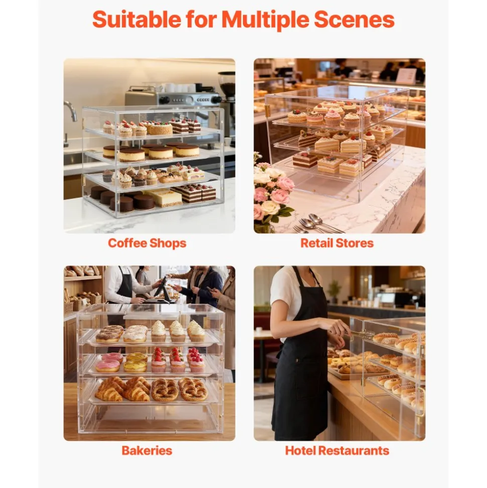 VEVOR Bakery Display Case, 2-Tier Commercial Countertop Pastry Display Case, Clear Acrylic Bread Box for Kitchen, Party Cake Cabinet with Magnetic Rear Door for Cookie Dessert Donut, 22" x 14" x 14"
