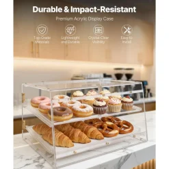 VEVOR Bakery Display Case, 2-Tier Commercial Countertop Pastry Display Case, Clear Acrylic Bread Box for Kitchen, Party Cake Cabinet with Magnetic Rear Door for Cookie Dessert Donut, 20.7"x15.7"x12"