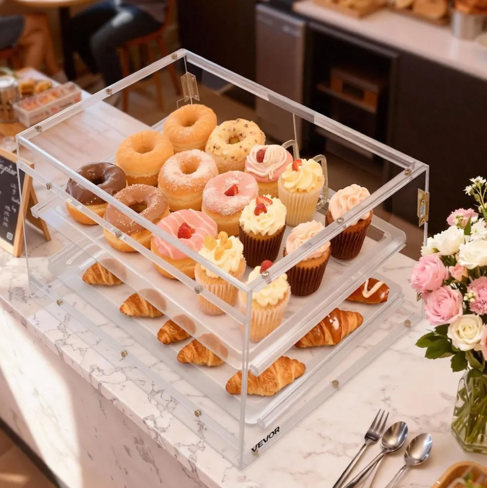 VEVOR Bakery Display Case, 2-Tier Commercial Countertop Pastry Display Case, Clear Acrylic Bread Box for Kitchen, Party Cake Cabinet with Magnetic Rear Door for Cookie Dessert Donut, 20.7"x15.7"x12"