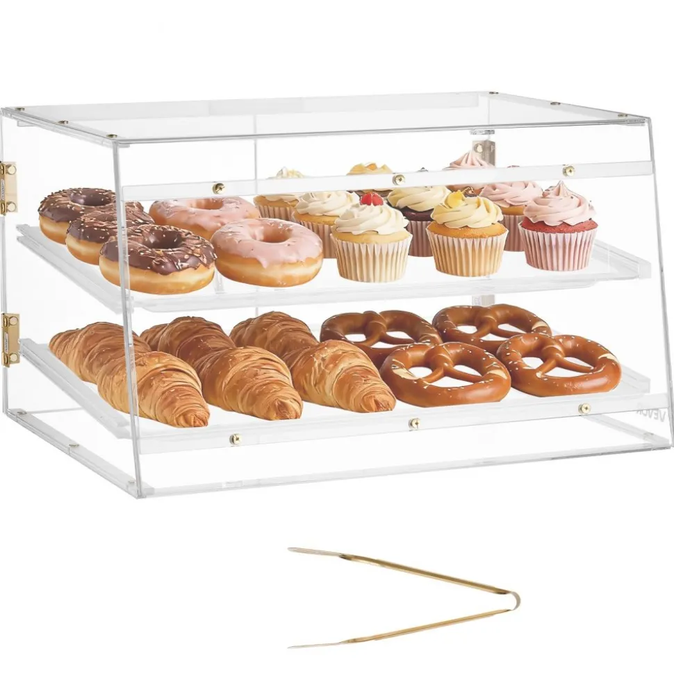VEVOR Bakery Display Case, 2-Tier Commercial Countertop Pastry Display Case, Clear Acrylic Bread Box for Kitchen, Party Cake Cabinet with Magnetic Rear Door for Cookie Dessert Donut, 20.7"x15.7"x12"