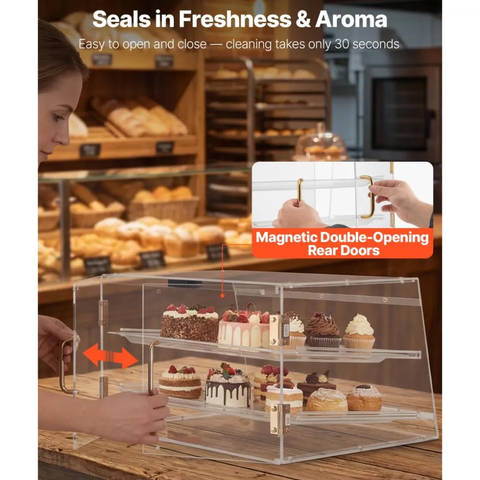 VEVOR Bakery Display Case, 2-Tier Commercial Countertop Pastry Display Case, Clear Acrylic Bread Box for Kitchen, Party Cake Cabinet with Magnetic Rear Door for Cookie Dessert Donut, 20.7"x15.7"x12"