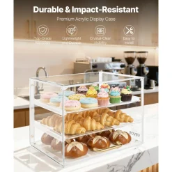 VEVOR Bakery Display Case, 3-Tier Commercial Countertop Pastry Display Case, Clear Acrylic Bread Box for Kitchen, Party Cake Cabinet with Flip-Up Door for Cookie Dessert Donut, 13" x 10.2" x 10.2"