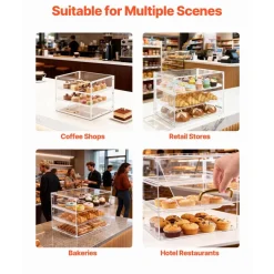 VEVOR Bakery Display Case, 3-Tier Commercial Countertop Pastry Display Case, Clear Acrylic Bread Box for Kitchen, Party Cake Cabinet with Flip-Up Door for Cookie Dessert Donut, 13