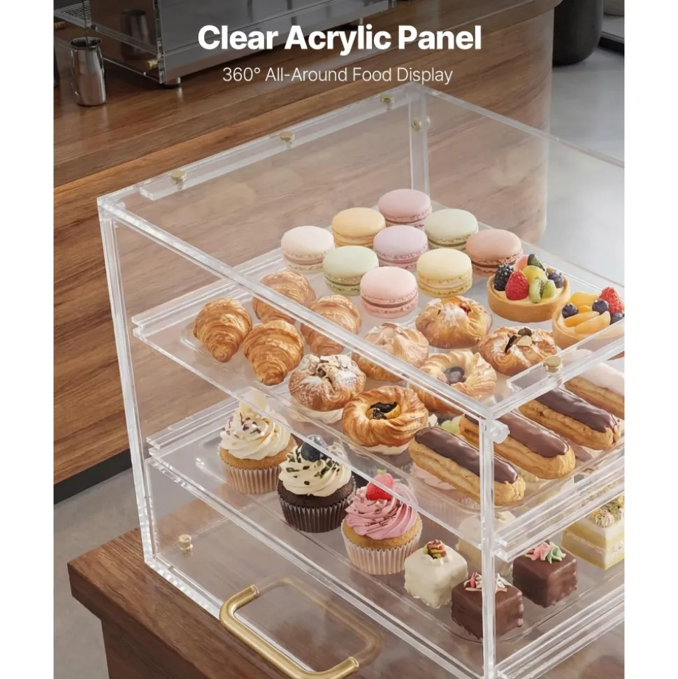 VEVOR Bakery Display Case, 3-Tier Commercial Countertop Pastry Display Case, Clear Acrylic Bread Box for Kitchen, Party Cake Cabinet with Flip-Up Door for Cookie Dessert Donut, 13" x 10.2" x 10.2"