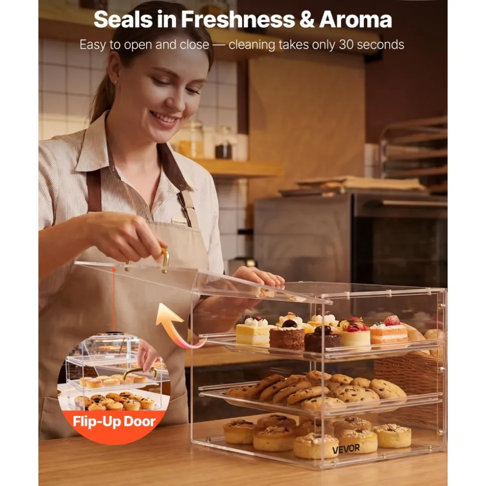 VEVOR Bakery Display Case, 3-Tier Commercial Countertop Pastry Display Case, Clear Acrylic Bread Box for Kitchen, Party Cake Cabinet with Flip-Up Door for Cookie Dessert Donut, 13" x 10.2" x 10.2"