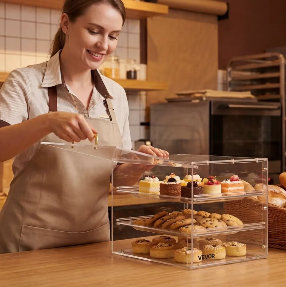 VEVOR Bakery Display Case, 3-Tier Commercial Countertop Pastry Display Case, Clear Acrylic Bread Box for Kitchen, Party Cake Cabinet with Flip-Up Door for Cookie Dessert Donut, 13" x 10.2" x 10.2"