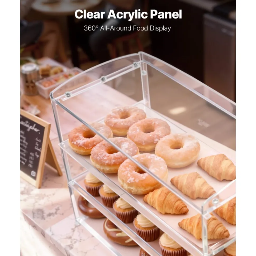 VEVOR Bakery Display Case, 3-Tier Commercial Countertop Pastry Display Case, Clear Acrylic Bread Box for Kitchen, Party Cake Cabinet with Flip-Up Door for Cookie Dessert Donut Bagel, 19" x 9.1" x 15"