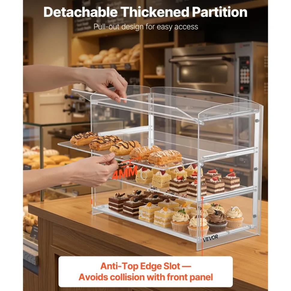 VEVOR Bakery Display Case, 3-Tier Commercial Countertop Pastry Display Case, Clear Acrylic Bread Box for Kitchen, Party Cake Cabinet with Flip-Up Door for Cookie Dessert Donut Bagel, 19" x 9.1" x 15"
