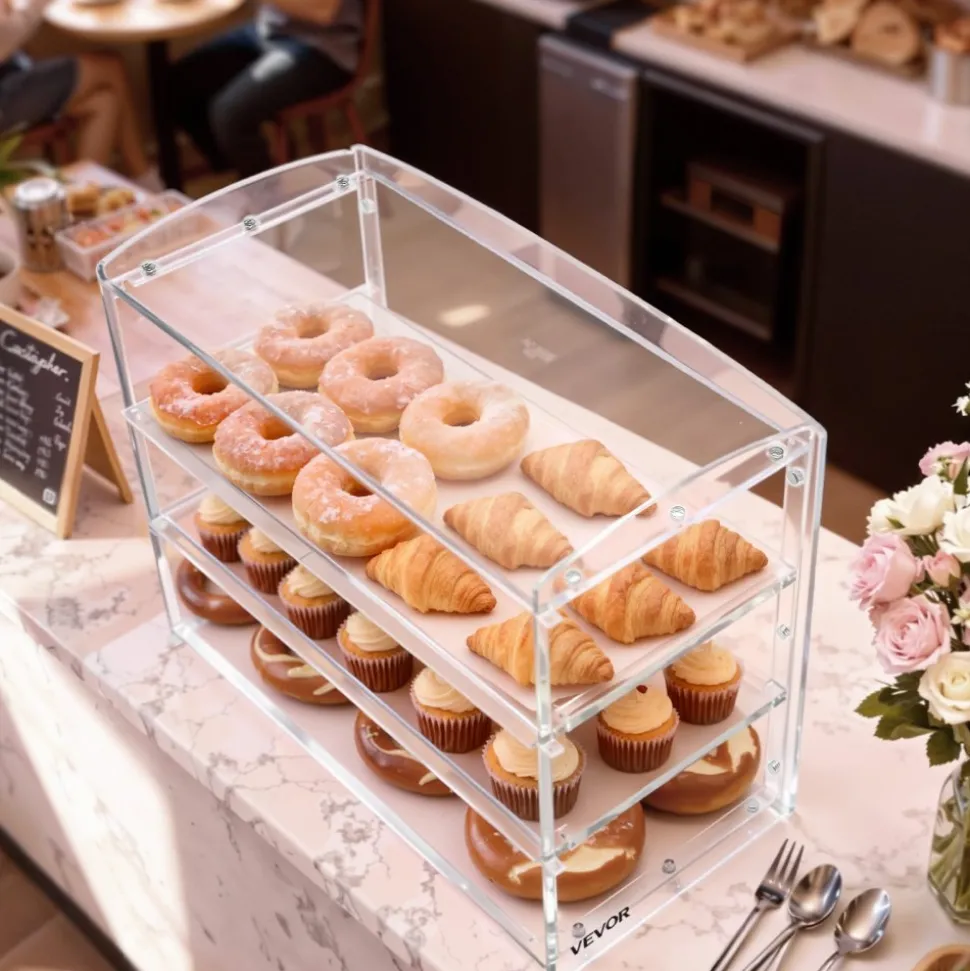 VEVOR Bakery Display Case, 3-Tier Commercial Countertop Pastry Display Case, Clear Acrylic Bread Box for Kitchen, Party Cake Cabinet with Flip-Up Door for Cookie Dessert Donut Bagel, 19" x 9.1" x 15"