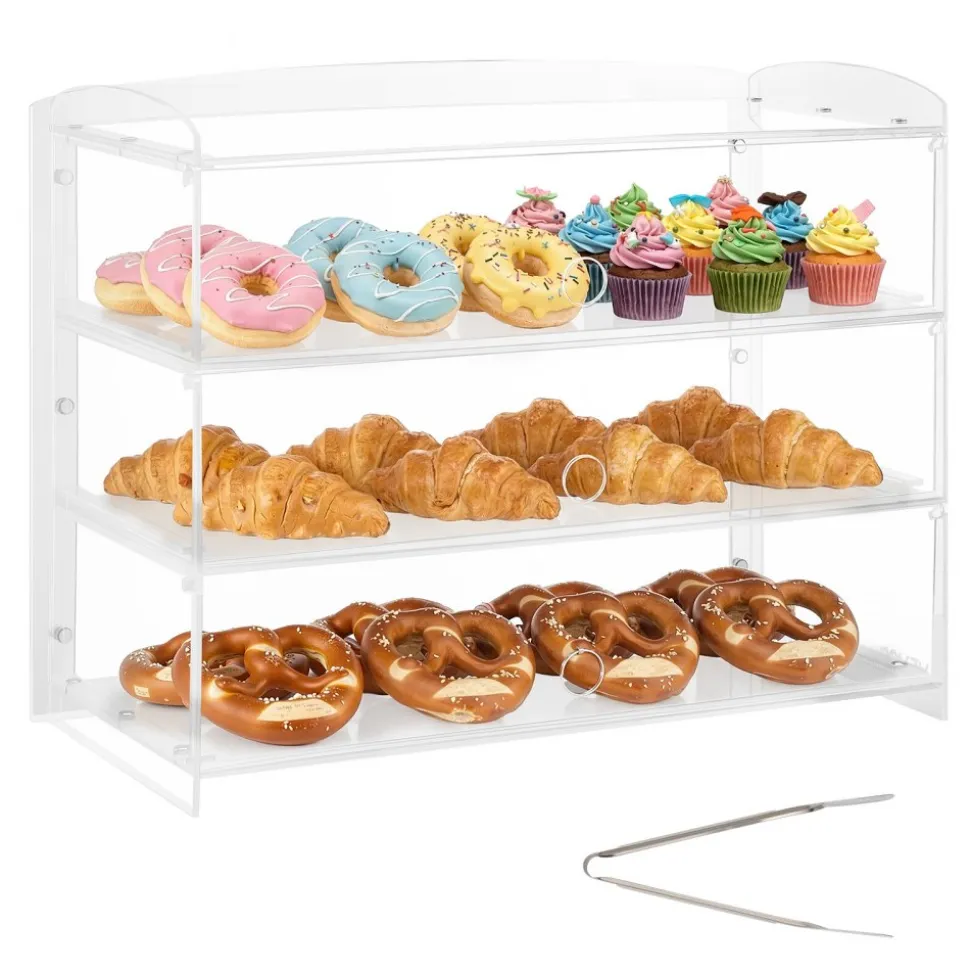 VEVOR Bakery Display Case, 3-Tier Commercial Countertop Pastry Display Case, Clear Acrylic Bread Box for Kitchen, Party Cake Cabinet with Flip-Up Door for Cookie Dessert Donut Bagel, 19" x 9.1" x 15"