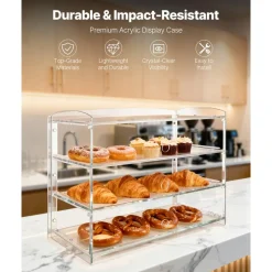 VEVOR Bakery Display Case, 3-Tier Commercial Countertop Pastry Display Case, Clear Acrylic Bread Box for Kitchen, Party Cake Cabinet with Flip-Up Door for Cookie Dessert Donut Bagel, 19