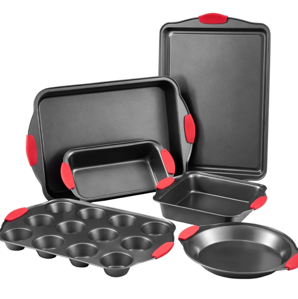 VEVOR Baking Pans Set, 6-Piece, Nonstick Carbon Steel Cookware Sheets & Trays, Stackable Kitchen Oven Bakeware Cooking Sets with Silicone Handles, Easy to Clean, for Baking Cookie Cake Muffin Bread