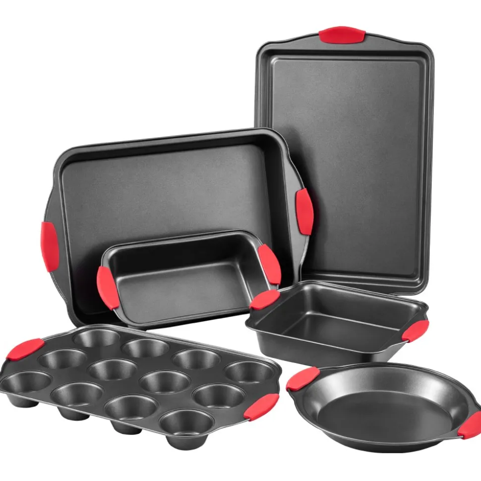 VEVOR Baking Pans Set, 6-Piece, Nonstick Carbon Steel Cookware Sheets & Trays, Stackable Kitchen Oven Bakeware Cooking Sets with Silicone Handles, Easy to Clean, for Baking Cookie Cake Muffin Bread