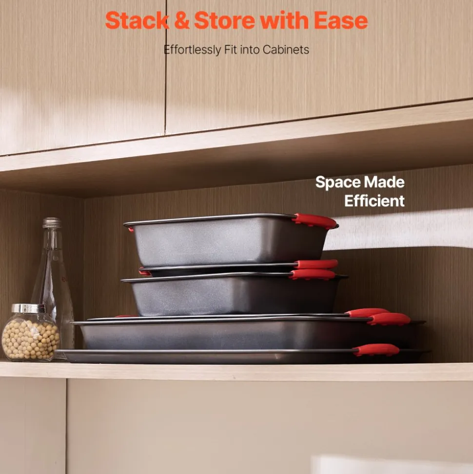 VEVOR Baking Pans Set, 6-Piece, Nonstick Carbon Steel Cookware Sheets & Trays, Stackable Kitchen Oven Bakeware Cooking Sets with Silicone Handles, Easy to Clean, for Baking Cookie Cake Muffin Bread