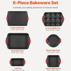 VEVOR Baking Pans Set, 6-Piece, Nonstick Carbon Steel Cookware Sheets & Trays, Stackable Kitchen Oven Bakeware Cooking Sets with Silicone Handles, Easy to Clean, for Baking Cookie Cake Muffin Bread