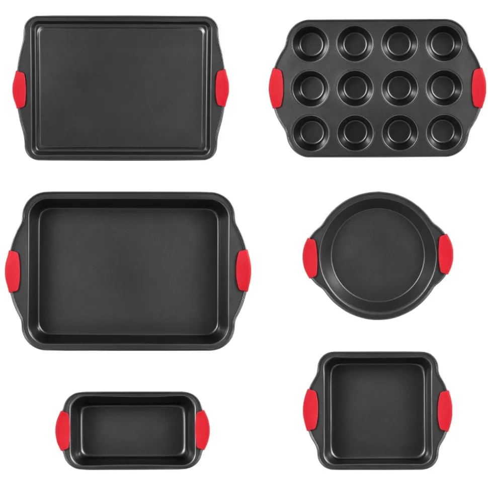 VEVOR Baking Pans Set, 6-Piece, Nonstick Carbon Steel Cookware Sheets & Trays, Stackable Kitchen Oven Bakeware Cooking Sets with Silicone Handles, Easy to Clean, for Baking Cookie Cake Muffin Bread