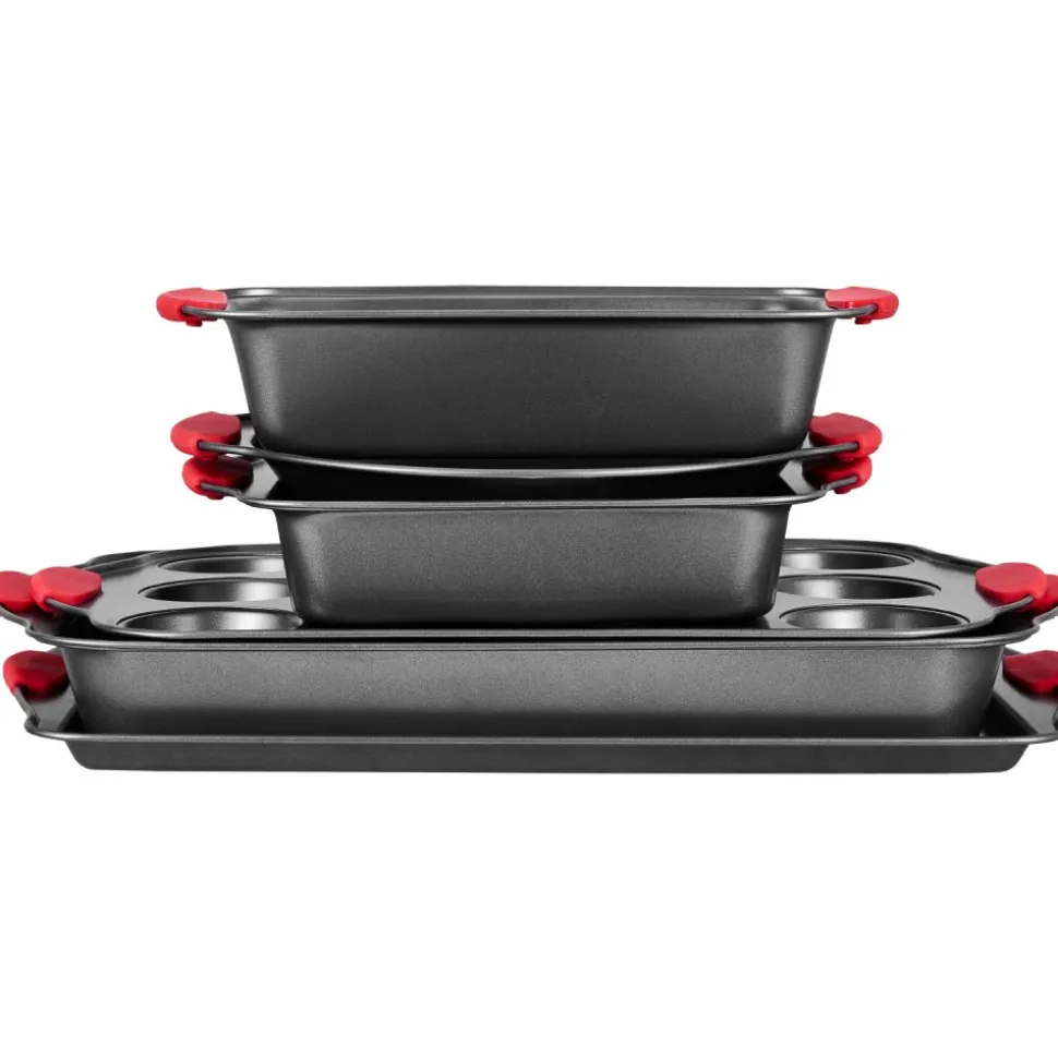 VEVOR Baking Pans Set, 6-Piece, Nonstick Carbon Steel Cookware Sheets & Trays, Stackable Kitchen Oven Bakeware Cooking Sets with Silicone Handles, Easy to Clean, for Baking Cookie Cake Muffin Bread