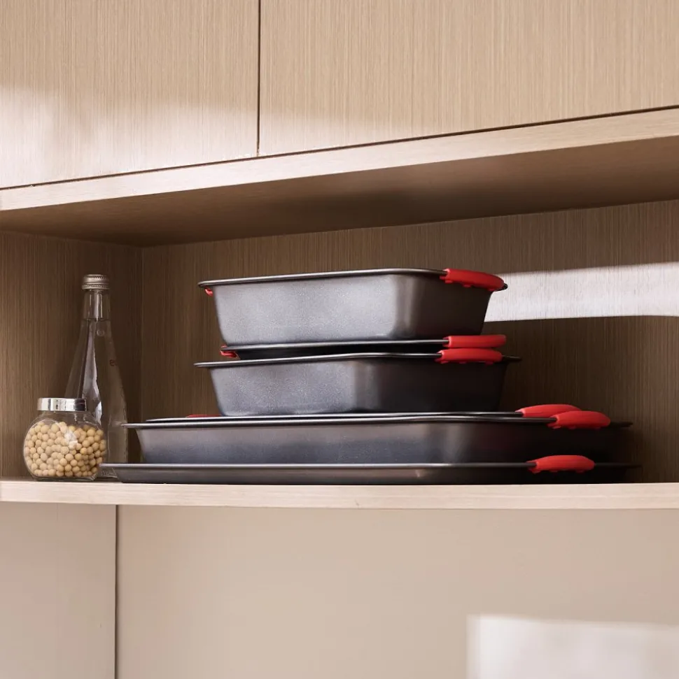 VEVOR Baking Pans Set, 6-Piece, Nonstick Carbon Steel Cookware Sheets & Trays, Stackable Kitchen Oven Bakeware Cooking Sets with Silicone Handles, Easy to Clean, for Baking Cookie Cake Muffin Bread