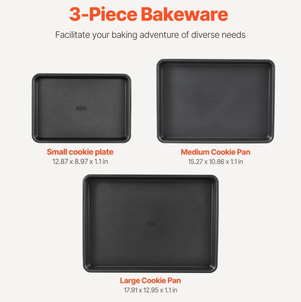 VEVOR Baking Pans Set, 3-Piece, Nonstick Carbon Steel Cookware Sheets & Trays, Stackable Kitchen Oven Bakeware Cooking Sets with Silicone Handles, Easy to Clean, for Baking Cookie Cake Muffin Bread