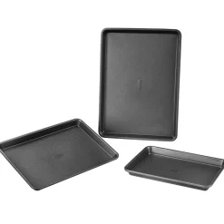 VEVOR Baking Pans Set, 3-Piece, Nonstick Carbon Steel Cookware Sheets & Trays, Stackable Kitchen Oven Bakeware Cooking Sets with Silicone Handles, Easy to Clean, for Baking Cookie Cake Muffin Bread