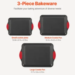 VEVOR Baking Pans Set, 3-Piece, Nonstick Carbon Steel Cookware Sheets & Trays, Stackable Kitchen Oven Bakeware Cooking Sets with Silicone Handles, Easy to Clean, for Baking Cookie Cake Muffin Bread