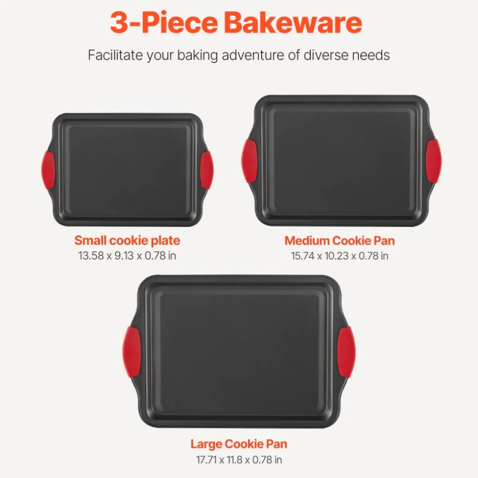 VEVOR Baking Pans Set, 3-Piece, Nonstick Carbon Steel Cookware Sheets & Trays, Stackable Kitchen Oven Bakeware Cooking Sets with Silicone Handles, Easy to Clean, for Baking Cookie Cake Muffin Bread