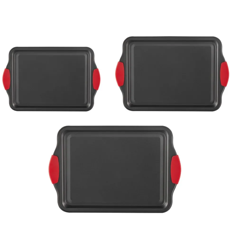 VEVOR Baking Pans Set, 3-Piece, Nonstick Carbon Steel Cookware Sheets & Trays, Stackable Kitchen Oven Bakeware Cooking Sets with Silicone Handles, Easy to Clean, for Baking Cookie Cake Muffin Bread